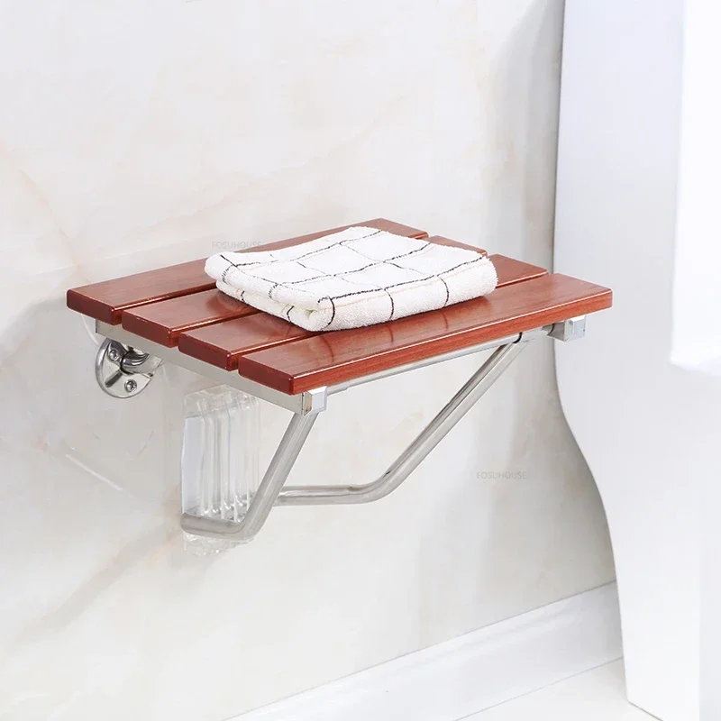 Solid Wood Folding Bath Chair Wall-mounted Shower Seats Non-slip Barrier-free Bathroom Stool Household Porch Shoe Changing Stool 2