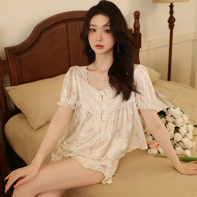 IRENE TINNIE Apricot Printing Pajamas Set Korean Summer New Short Sleeve Leisure Sleepwear Women Loose Nightwear Homewear Suit