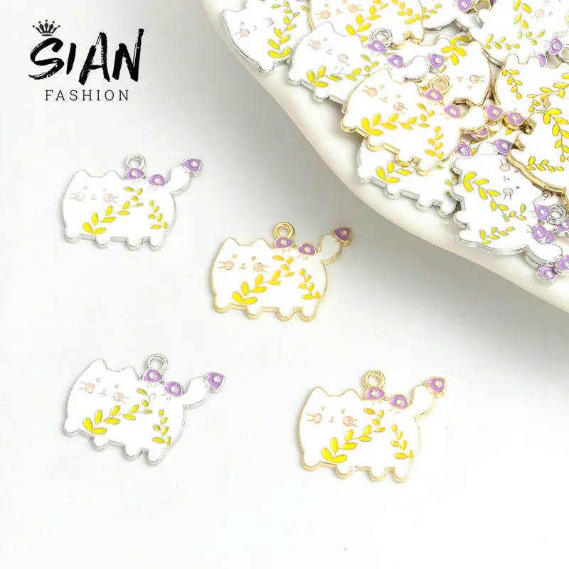 

10pcs Kawaii Plant Leaf Cat Enamel Charms Cartoon Kitten Animal Metal Pendants DIY Necklace Keychain Making Handmade Accessories