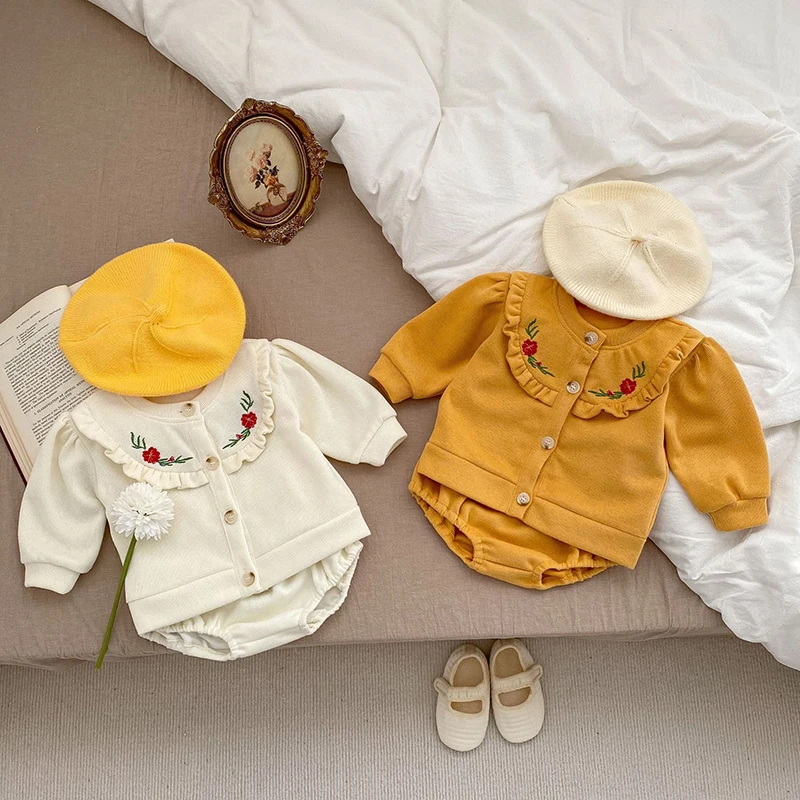 

Children Clothes Suit Long Sleeve Embroidered Cardigan Coat+PP Shorts Spring Autumn Infant Baby Girls Clothing Sets