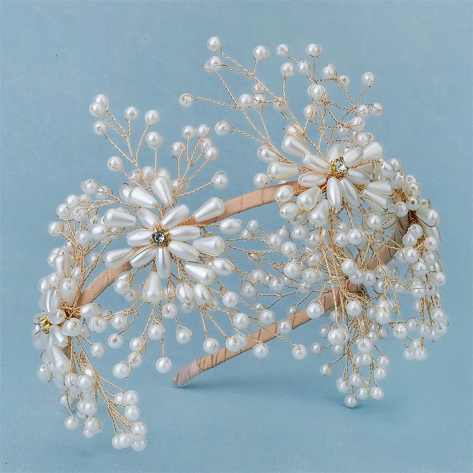 Efily Trendy Handmade Pearl Bridal Headband Headpiece Wedding Hair Accessories for Women Tiara Crown Bride Head Jewelry Gift