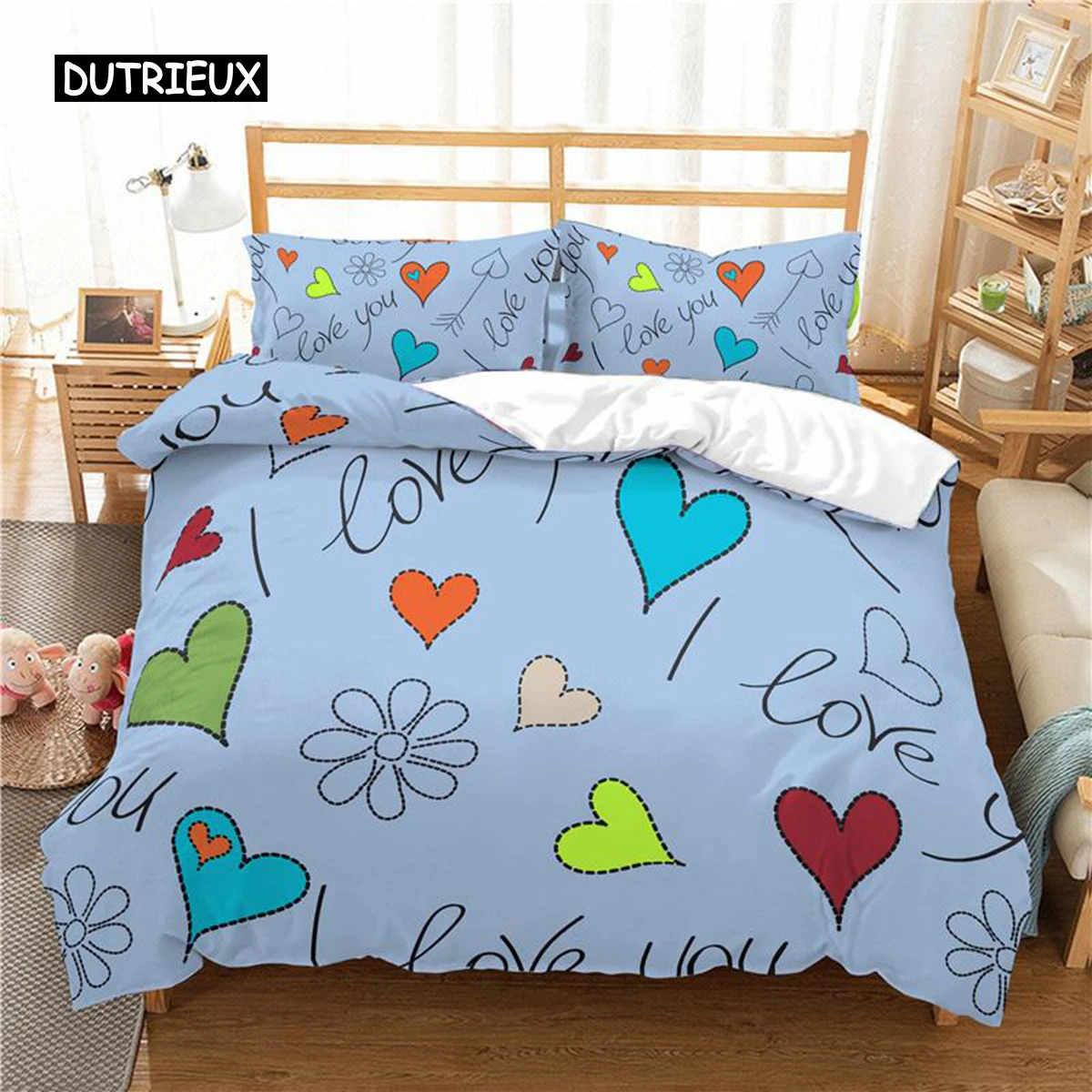 

Love Heart Duvet Cover Set Cartoon Fun Colorful Hearts Quilt Cover Twin Romantic Style I Love You Polyester Bedding Set for Teen