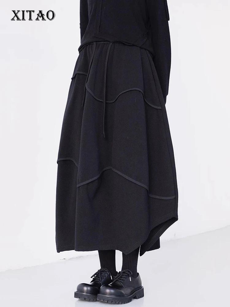 

XITAO Irregular All-match Female Skirt Loose Slimming Vintage Patchwork Women Casual Elastic Waist Solid Color Skirt DMJ3869