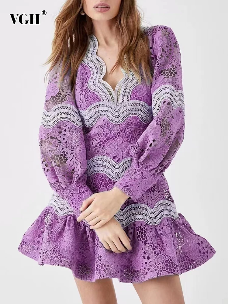 

VGH Hollow Out Embroidery Dress For Women V Neck Long Sleeve High Waist Slimming Backless Casual Mini Folds Dresses Female New