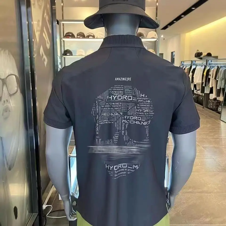 AMAZINGCRE New Men's Golf Clothing Fashion Versatile Simple Printed Breathable Lapel Short Sleeve Top
