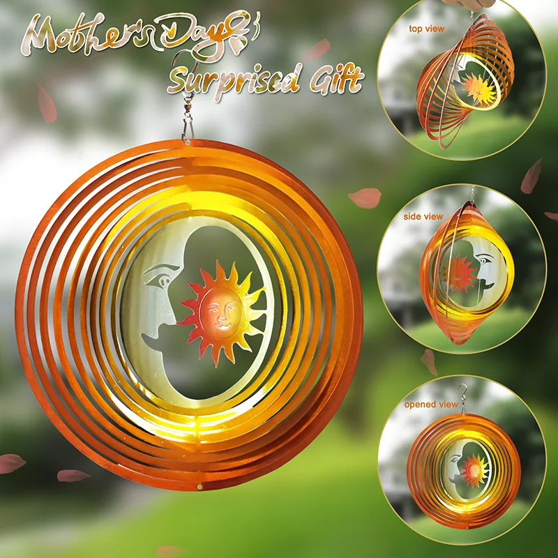 PSATHENATI Wind Spinner 3D Stainless Steel Laser 12in Moon and Sun Hanging Kinetic Yard Art Decorations Indoor/Outdoor