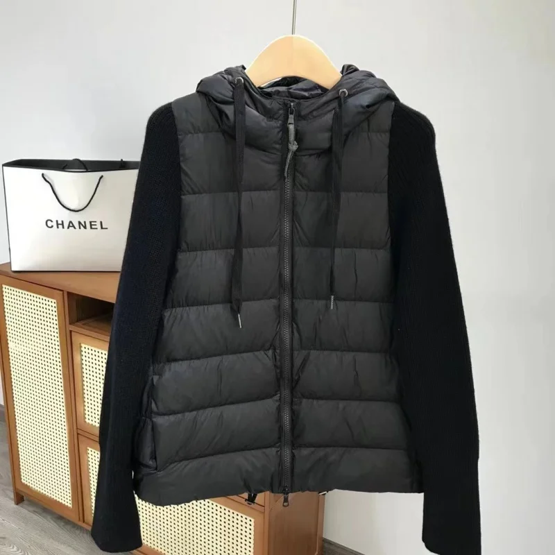 

European Goods 2023 Winter down Jacket Women's Knitted Sleeve Stitching Warm Fashion White Duck down Coat Lightweight Hooded
