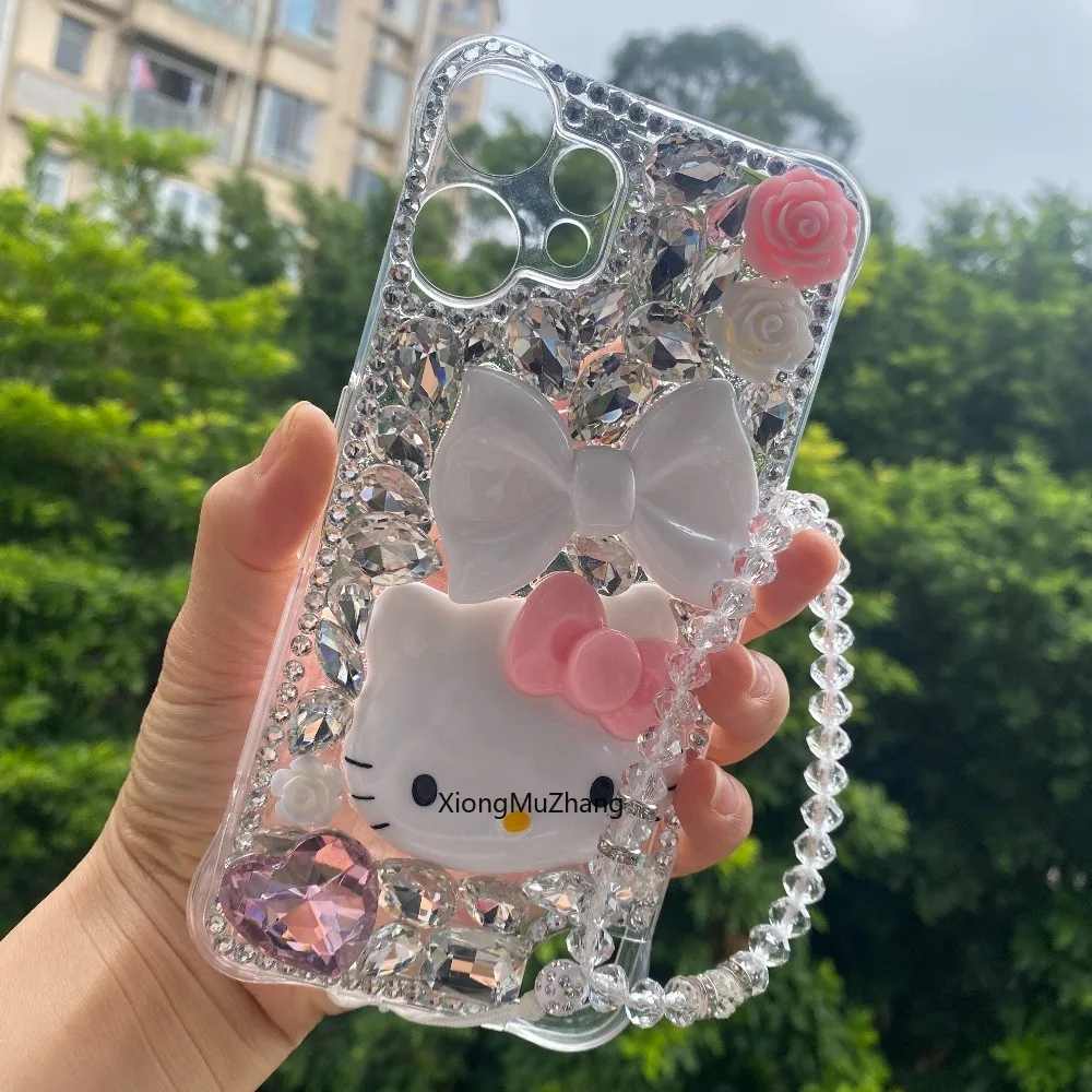 Für Nothing Phone 4A 4B (4A) Pro Phone 3 3A Pro 3A Lite 2 2A 1 Hello Kitty Diamant Bling Handgelenk-Schlaufe Hülle Strass-Abdeckung