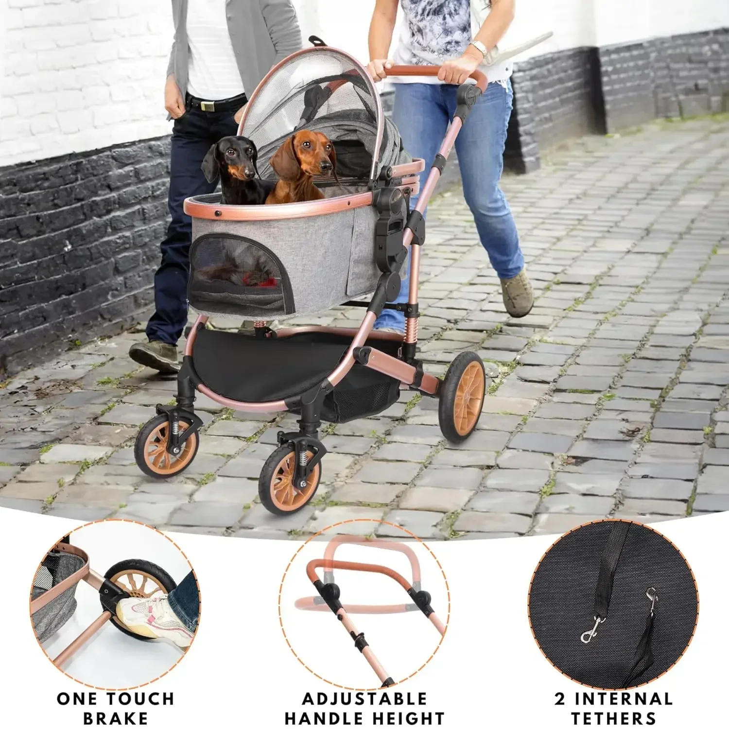 Pet Stroller with 4 Wheels Foldable Pet Travel Carrier for Small/Medium Dogs Cats Up To 50lbs Detachble Portable Bag
