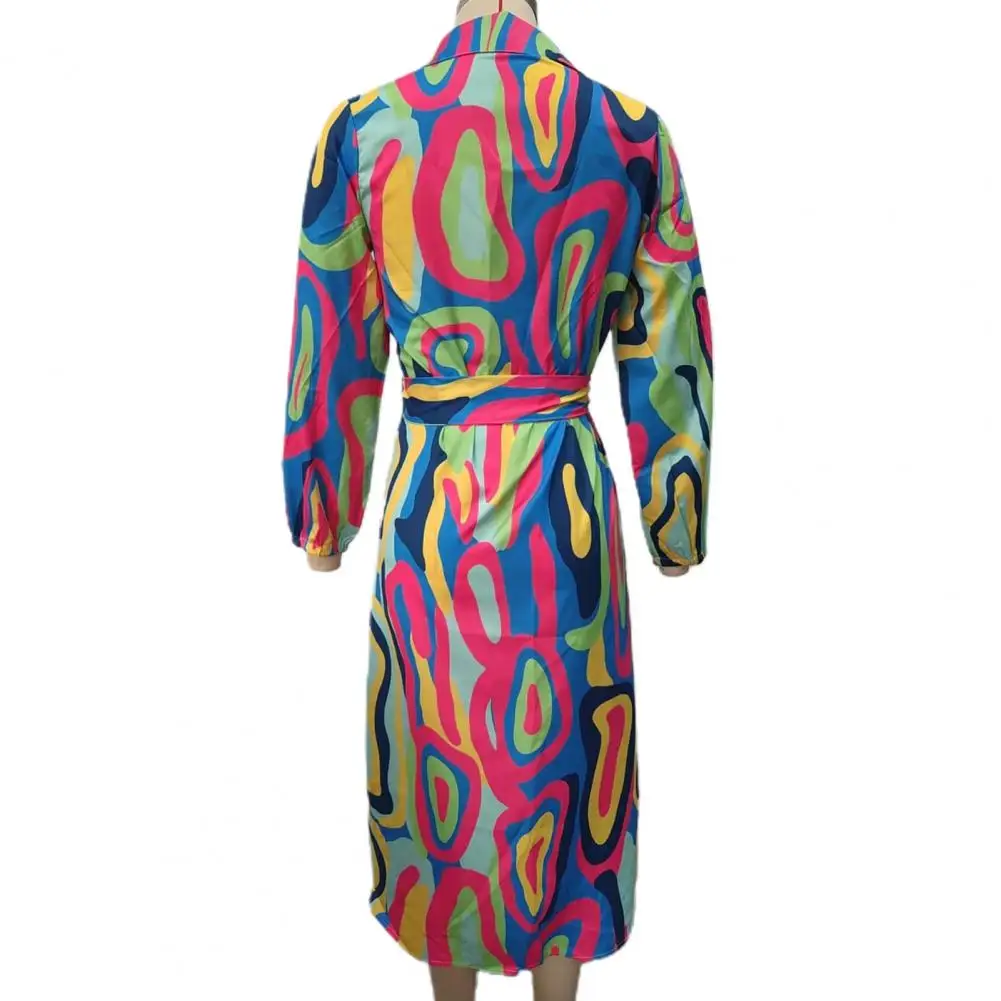 

Lightweight Printed Dress Colorful Print V Neck Maxi Dress for Women High Waist Lace-up Split Hem Beach Vacation Dress with Long