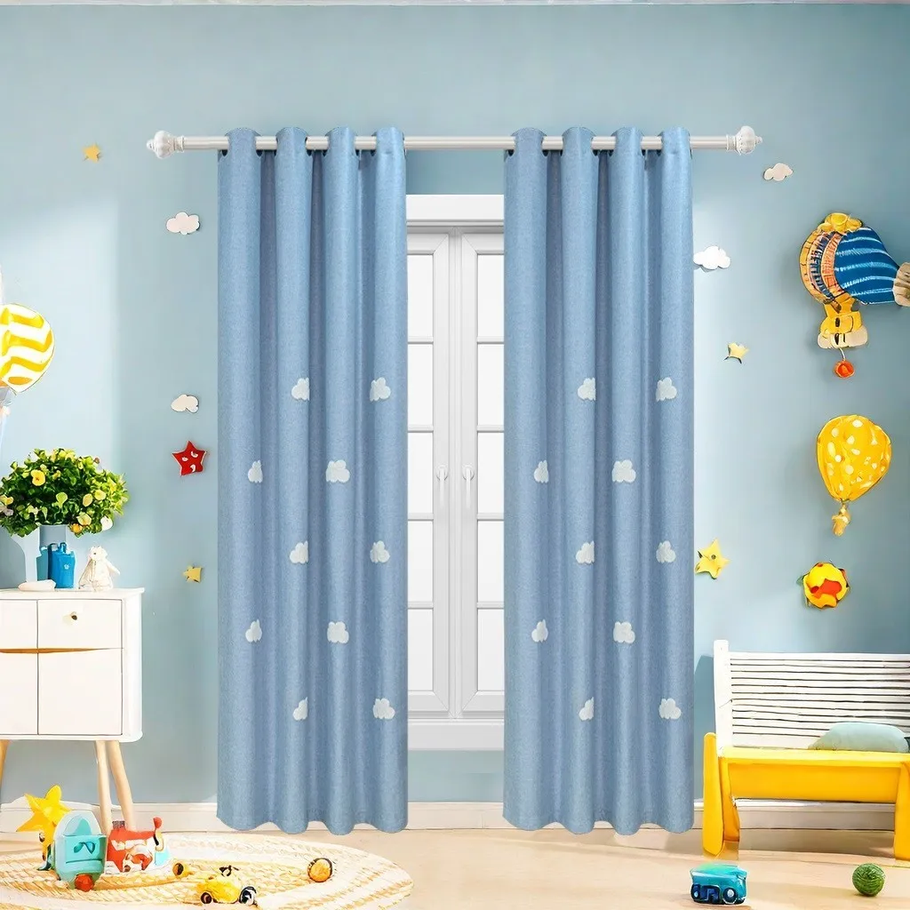 3D Cloud Embroidery Kids Curtains for Room Darkening, Thermal Insulated, Blackout Window Treatment,Grommet Top Window Curtains