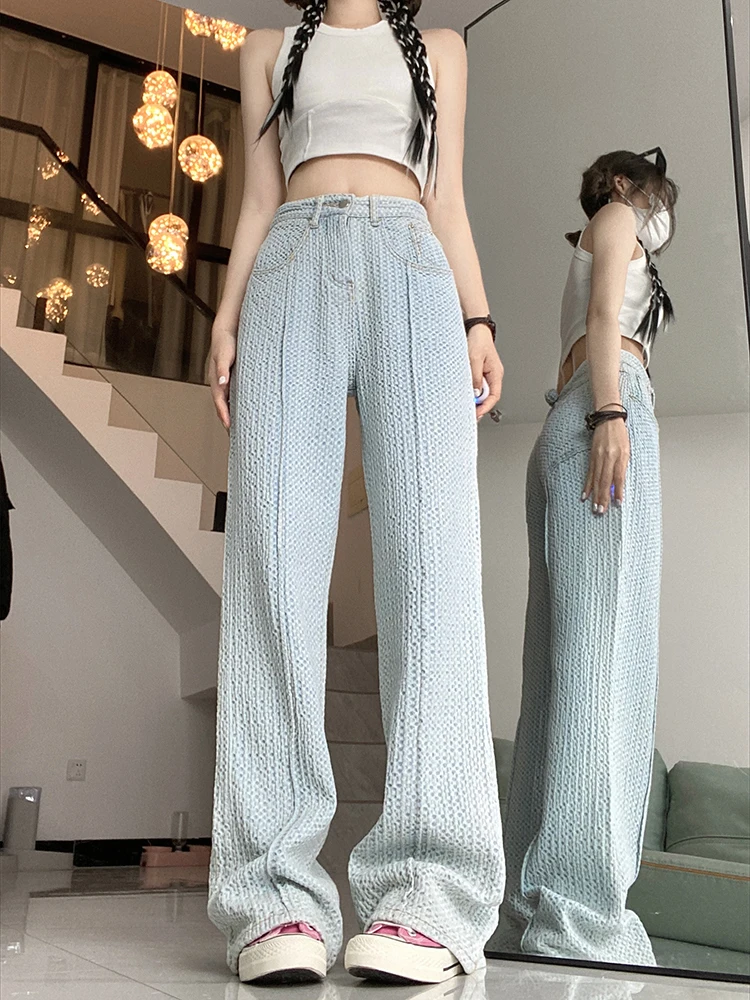 

Y2k Women's Jeans 2023 Trend Spring Summer Light Blue High Waist Denim Pants Loose Female Niche Design Stitching Straight Jeans