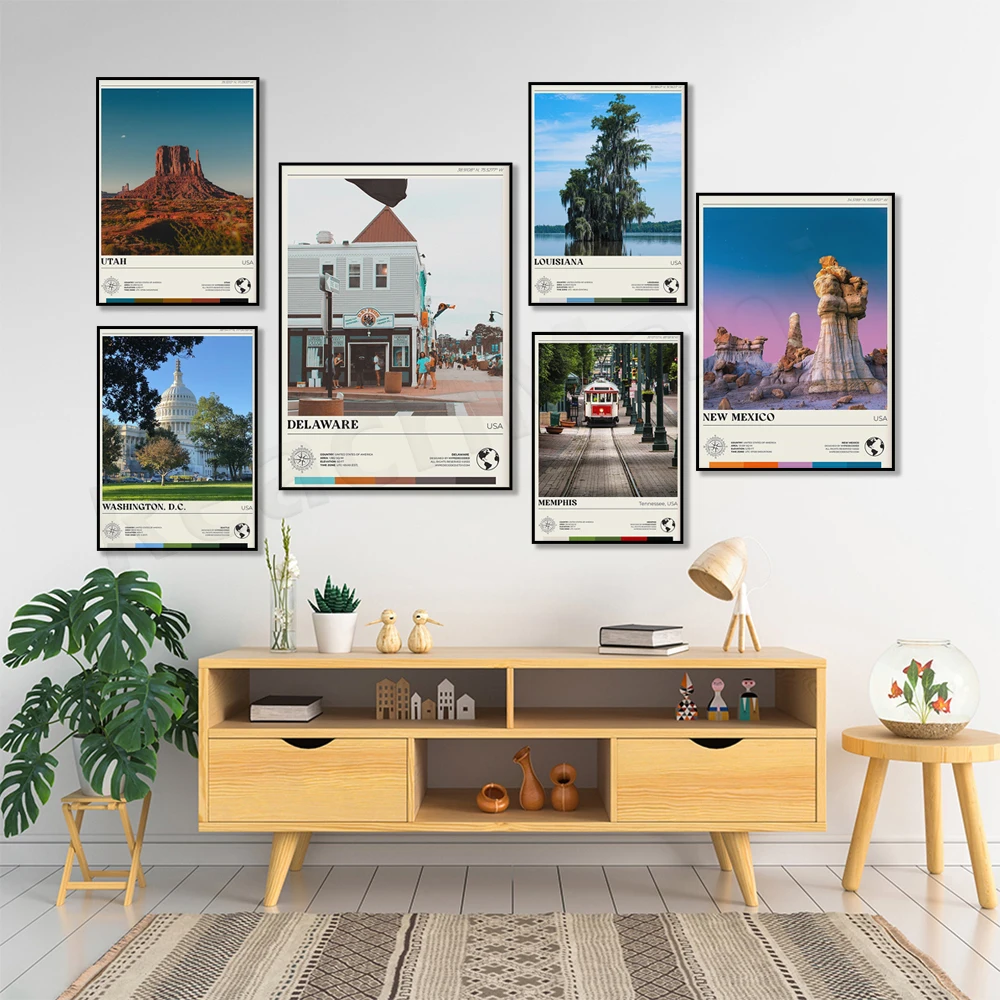 Louisville, Raleigh, Северная Каролина, Юта, Мемфис, Орегон, Луизиана, Вашингтон, Новая Мексика, Делавэр США Ландшафтный плакат искусство