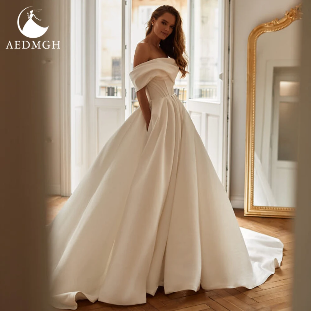 

Женское атласное свадебное платье Aedmgh, элегантное матовое платье-трапеция с открытыми плечами, без бретелек, с открытой спиной, в стиле бохо, 2024