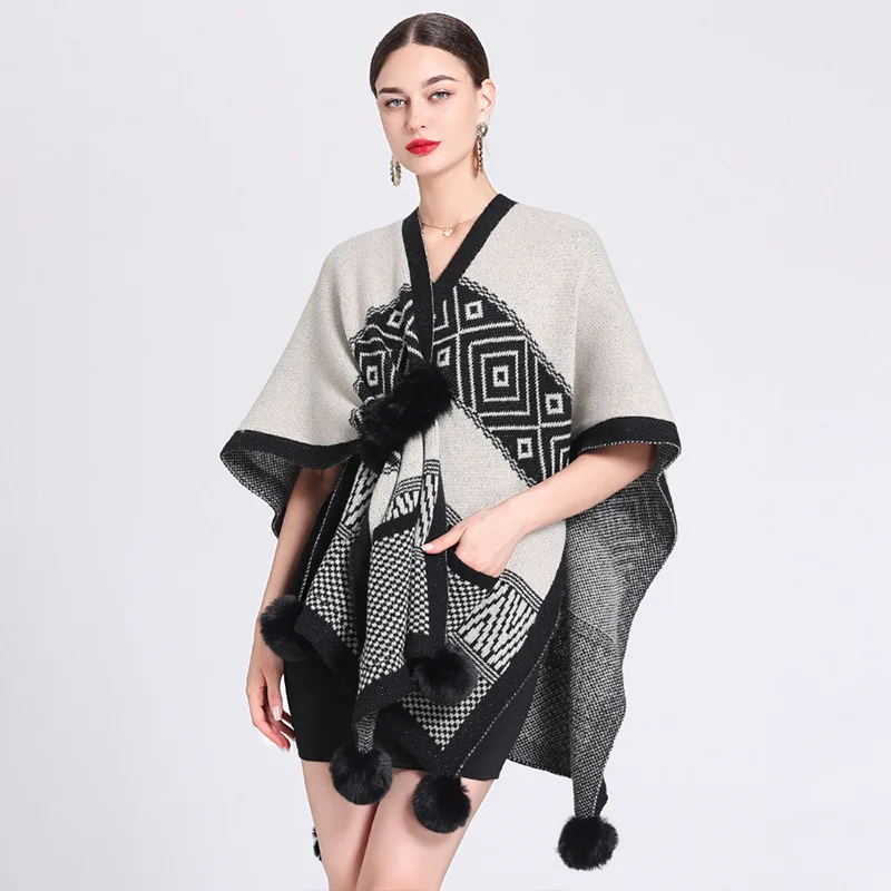 4 Colors Autumn Oversize Cross Cloak Knitted Multipurpose Poncho Capes Women Loose Fur Ball Streetwear Printed Shawl Knitwear 12 colors winter knitted women faux fur neck poncho cloak fashion criss cross outside cape woolen streetwear shawl oversize coat