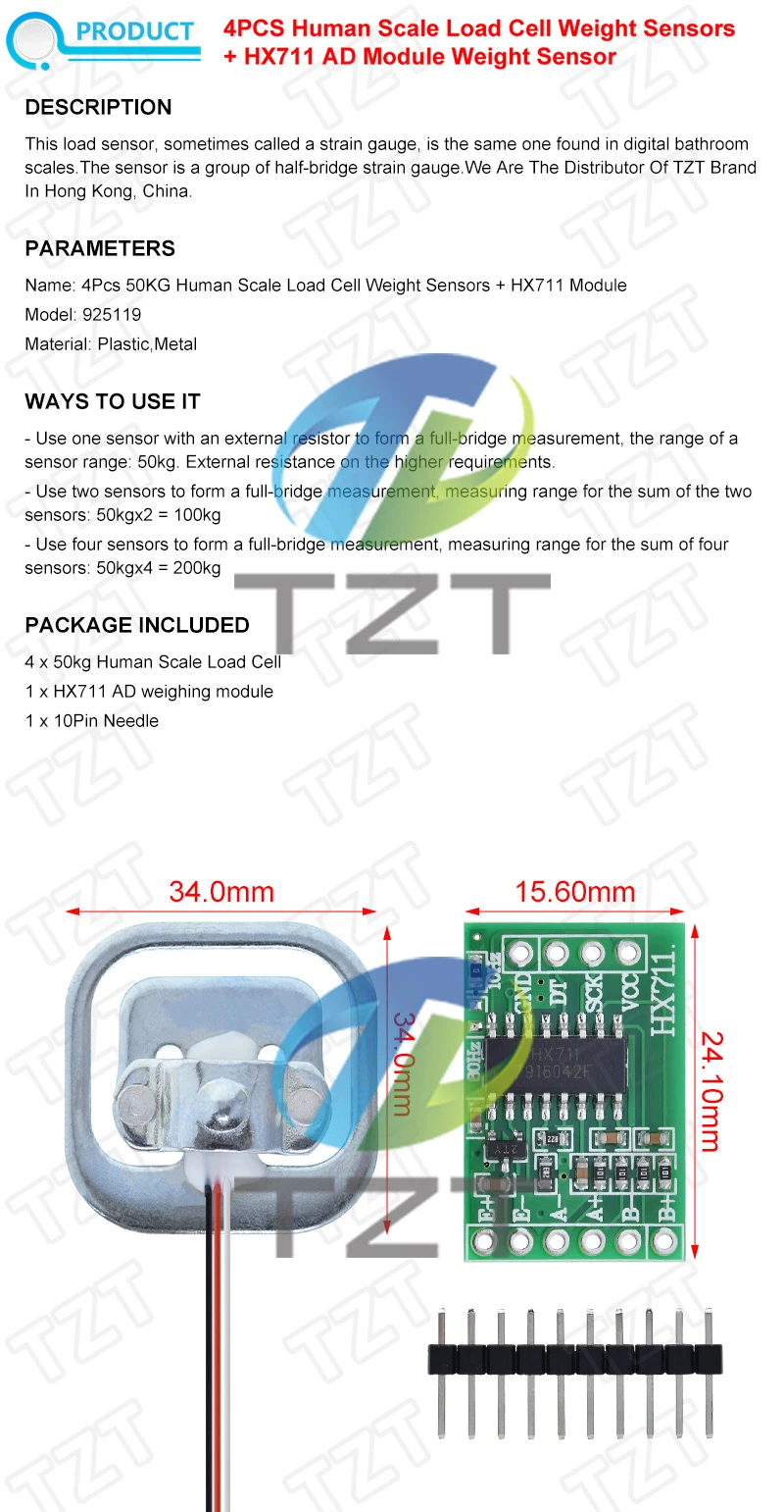 Description Picture 2 of itemHuman Scale Load Cell Weight Sensors + HX711 AD Module Weight Sensor Electronic Scale Weighing Pressure Sensor DIY Kit