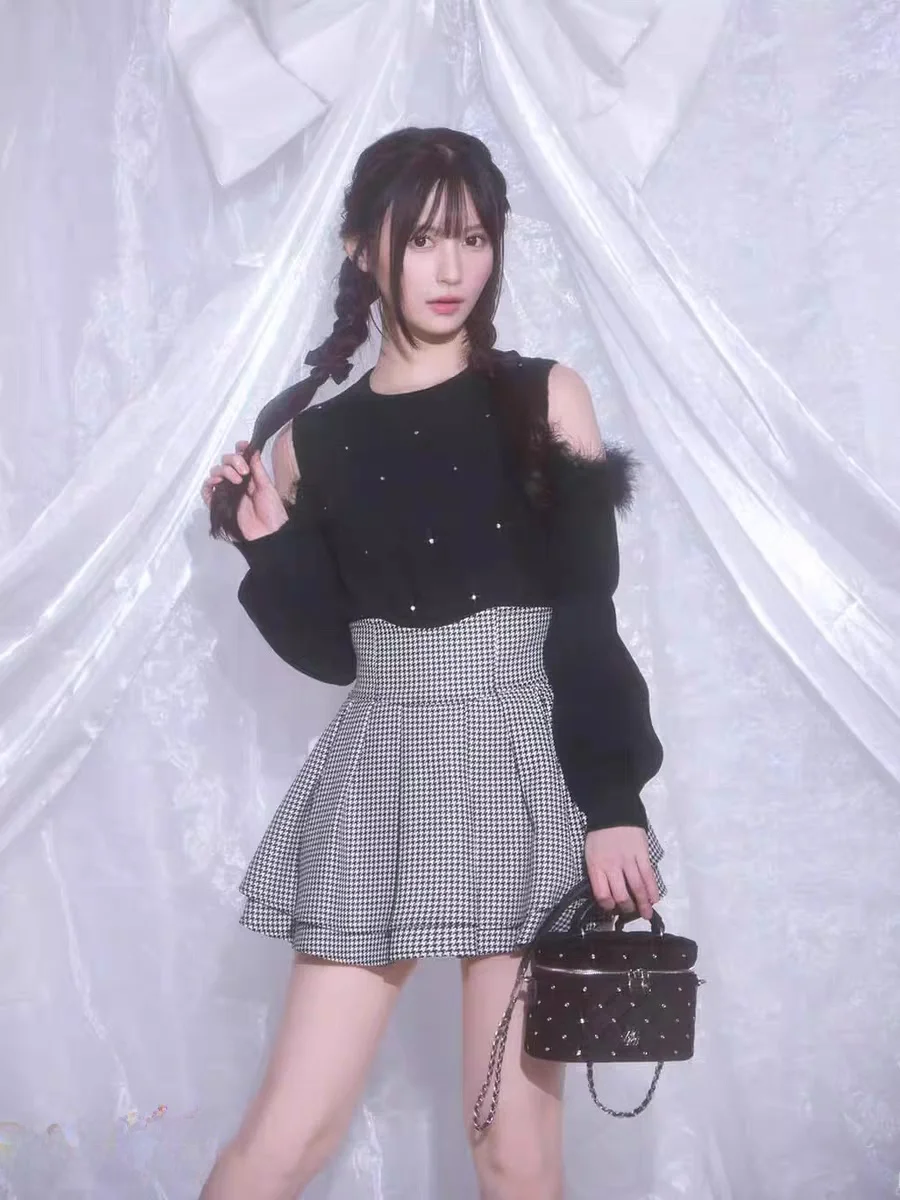 High Waist Plaid  Skirt Pants Sweet Japanese Sle Autumn Winter College Campus Look Polyester Fiber Gathered A-Line Skirt