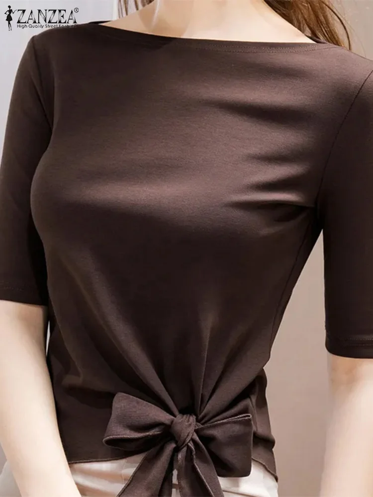 

ZANZEA женская блузка с вырезом лодочкой и рукавом до локтя, элегантная летняя облегающая блузка, рубашка с завязкой на подоле, корейские модные блузки, рубашка