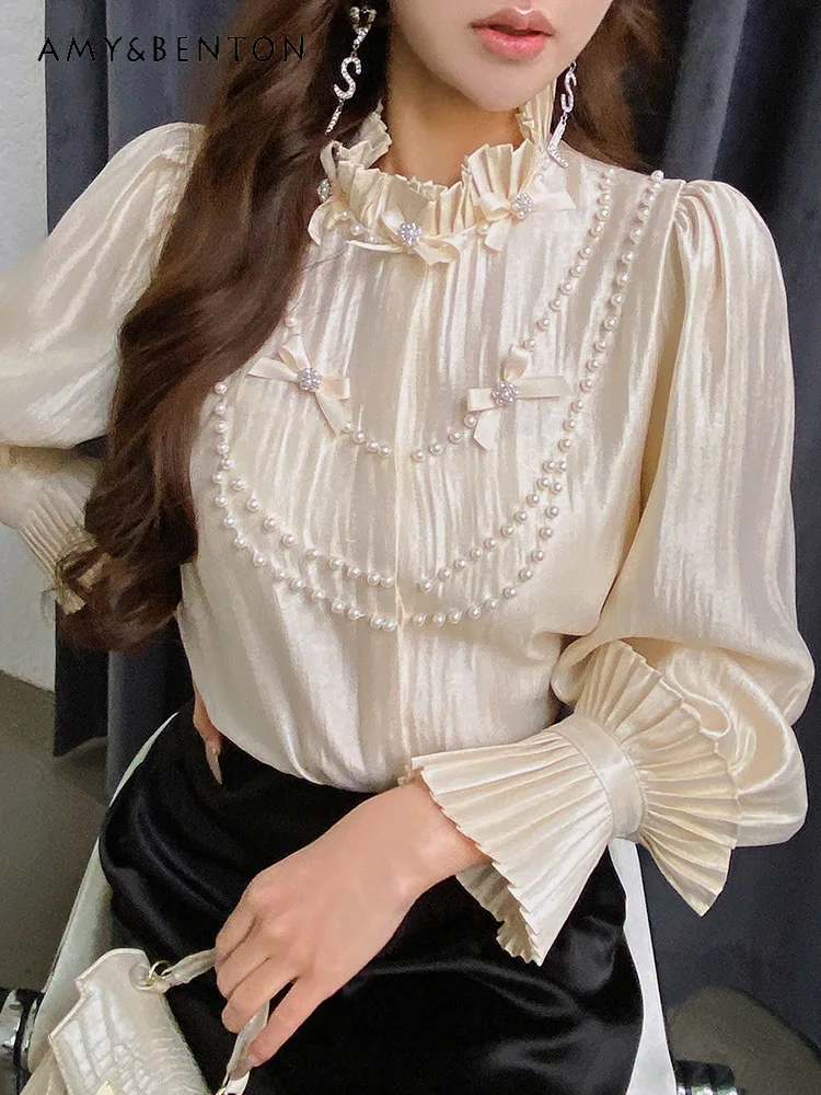 

French Style Elegant Stand Collar Heavy Industry Beads Long Sleeve Blouse Women Spring New Commute Style Loose Camisas De Mujer