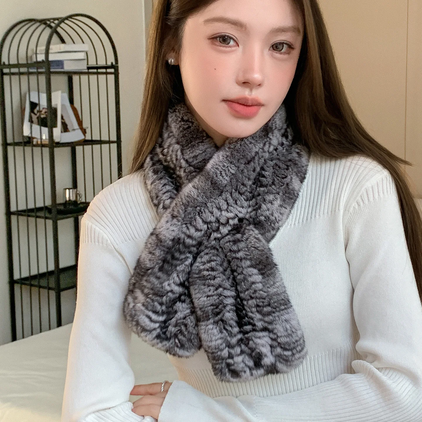 Winter Doppelseitig Gestrickte Echt Rex Kaninchen Pelz Kragen Schal frauen Herbst Winter Warme Chinchilla Farbe Pelz Wraps – Detail 5