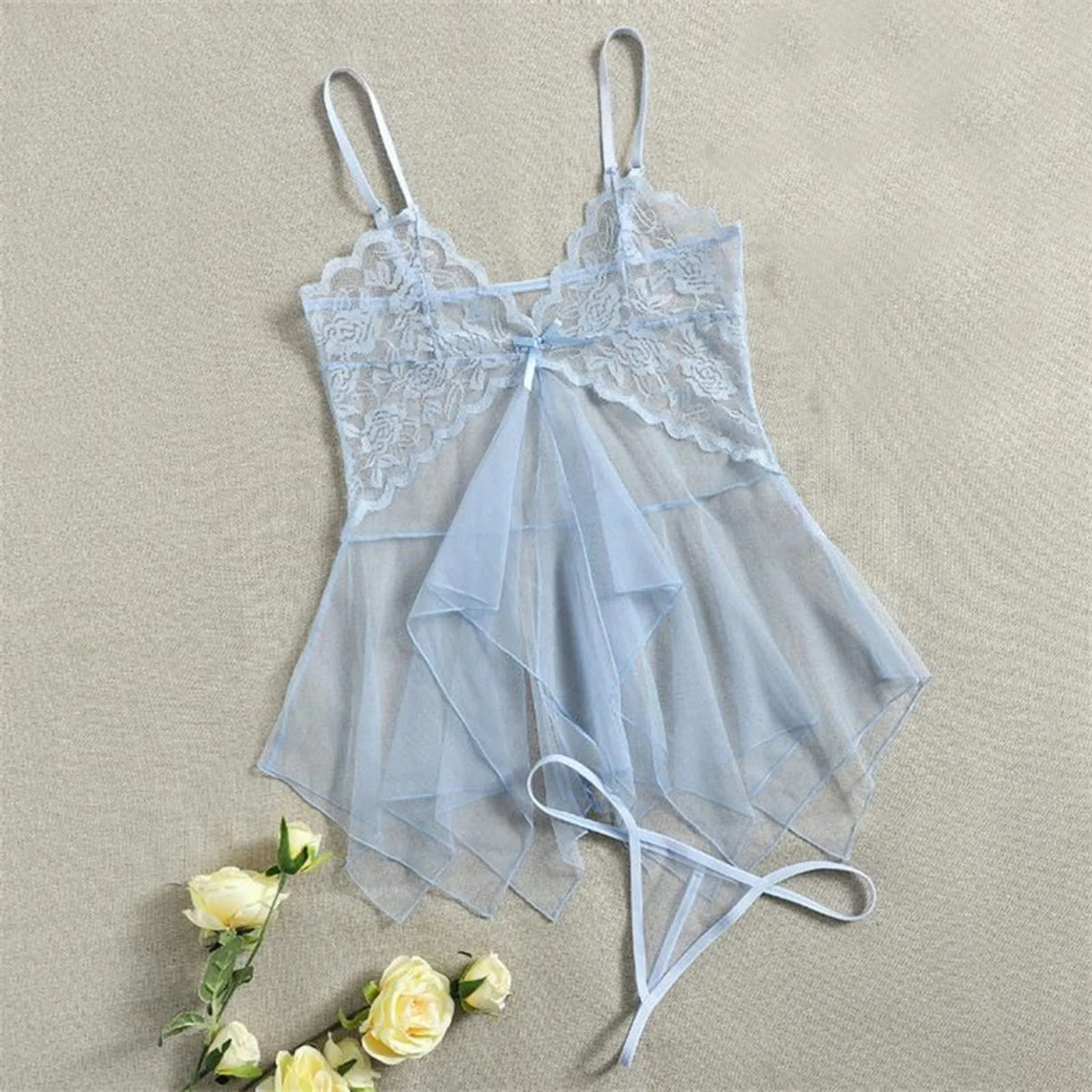 

Cute Lace Mesh Lingerie For Women Sheer Transparent Nightdress Solid Color Nightwear Mini Dress Sleepwear Underwear Erotic Dress