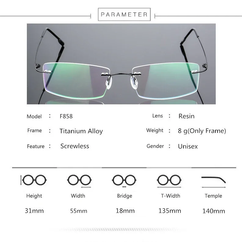 Ultralight Frameless Eyeglasses Titanium Alloy TR90 Glasses Frame Men Super Stretch Metal Temple Eyeglasses Frames