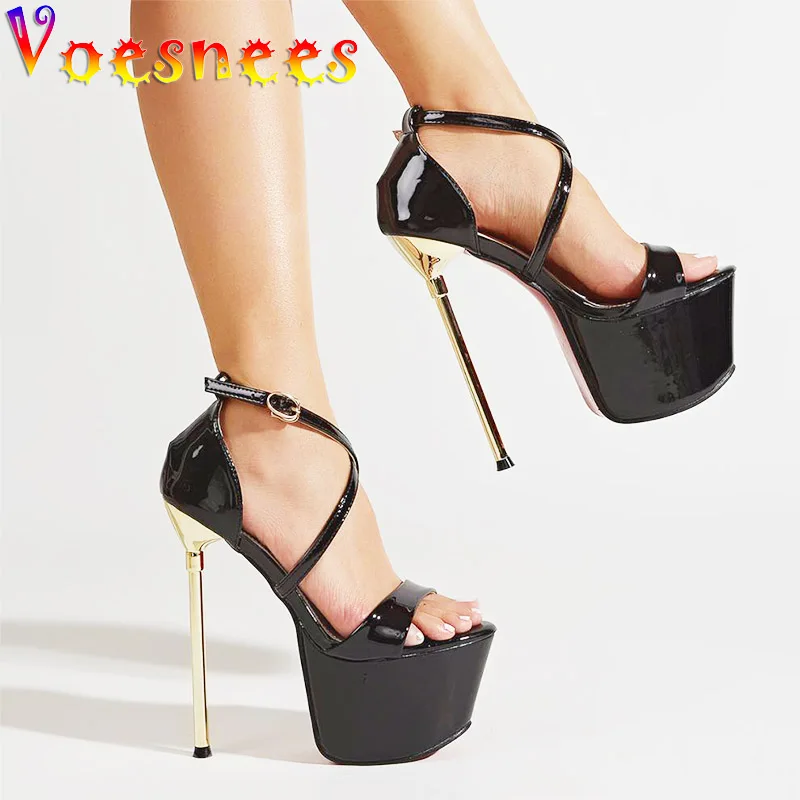 

New Women's Shoes European And American Fashion Model Show Metal Thin High Heels Summer Pole Dancing 17CM Black Platform Sandals