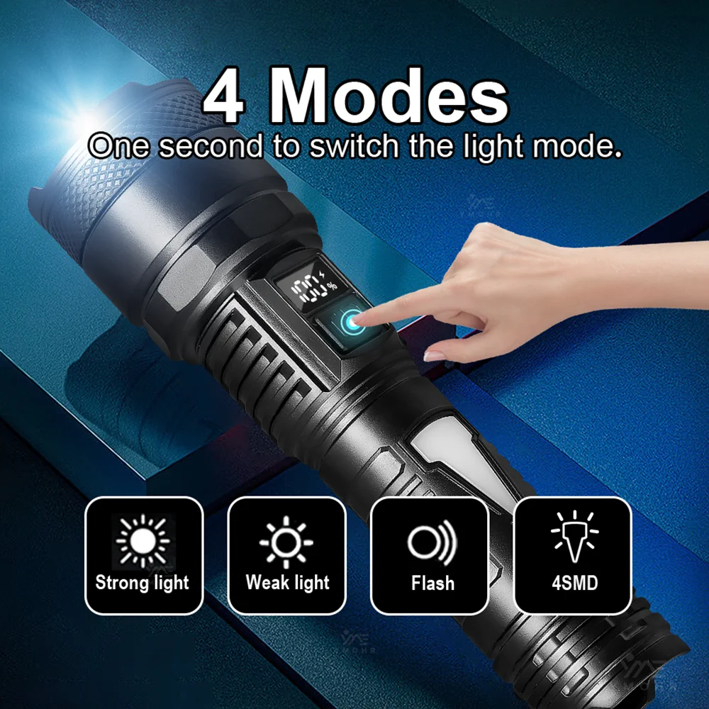 1000W 고출력 충전식 LED 손전등 USB 손전등 작업장 토치 LED 손전등 배터리 스포트라이트 작업용 랜턴