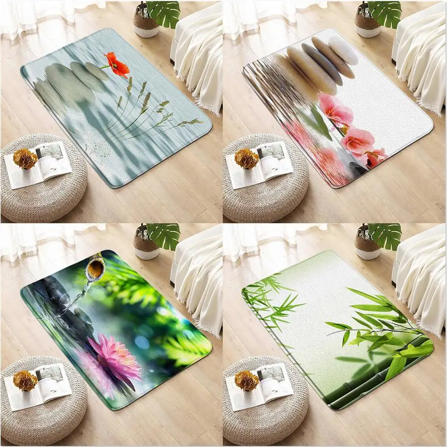 Garden Flower Bath Mats Zen Stone Green Bamboo Orchid Antislip Rugs