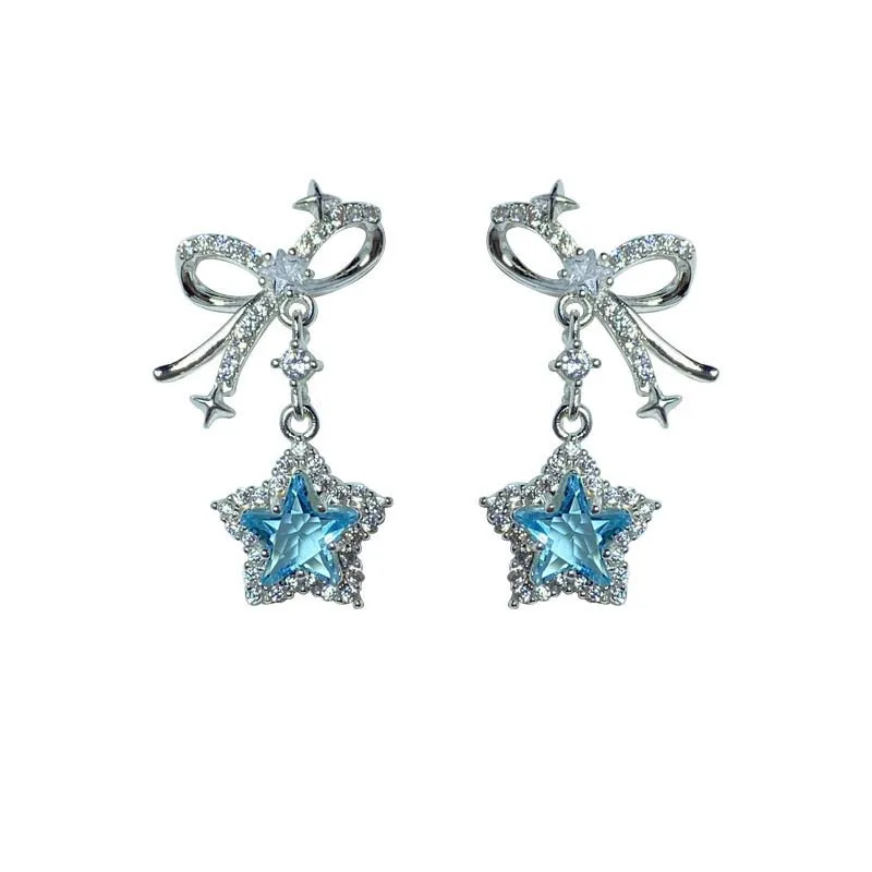 Kpop Y2K Blue Crystal Star Pendant Earrings for Women Exquisite Elegant Zircon Bowknot Pentagram Earrings Jewelry Birthday Gifts - Image 6
