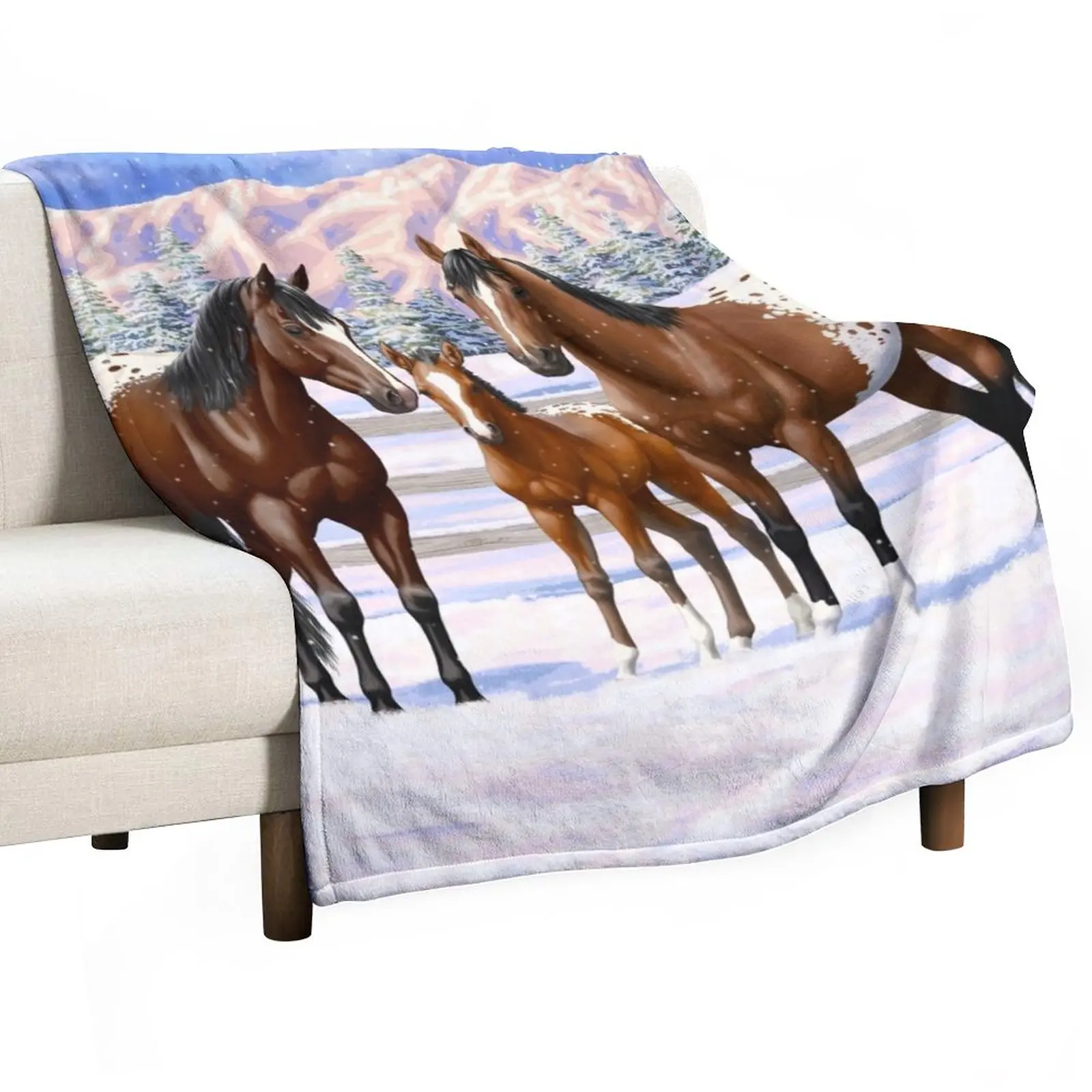 

Bay Appaloosa Quarter Horses In Winter Snow Throw Blanket blankets and throws Soft Big Blanket Blankets For Bed