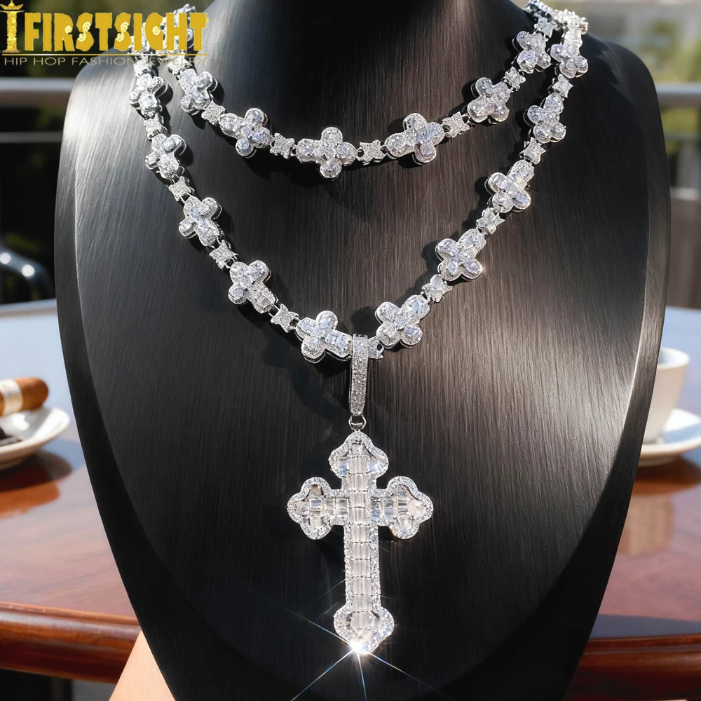2025 New Iced Out Cross Necklace for Men Women Bling Silver Color