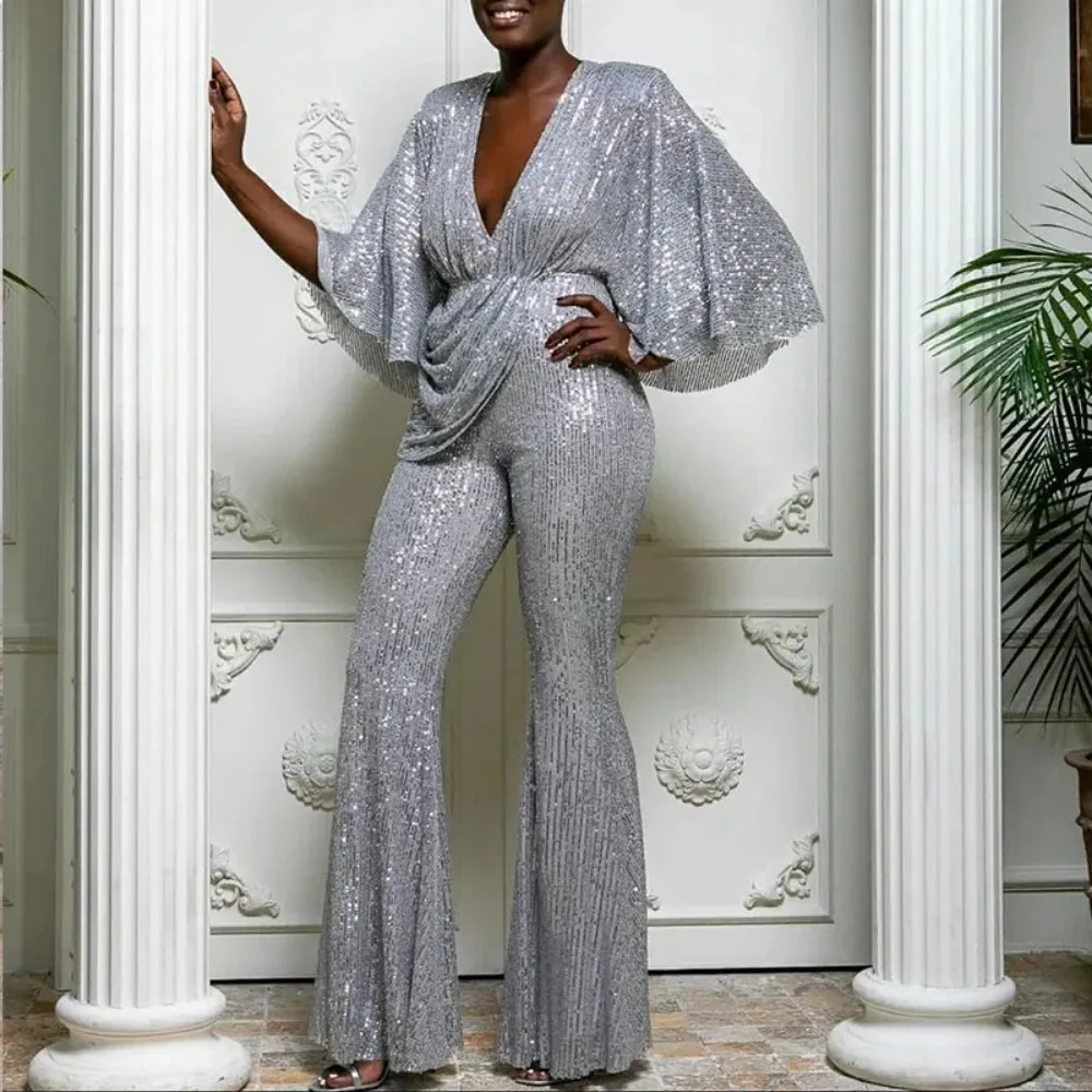 Women's Deep V-Neck Flared Sleeves Long Sequin Jumpsuit, Nightclub Style, Fashion, Sexy, Spring, Summer