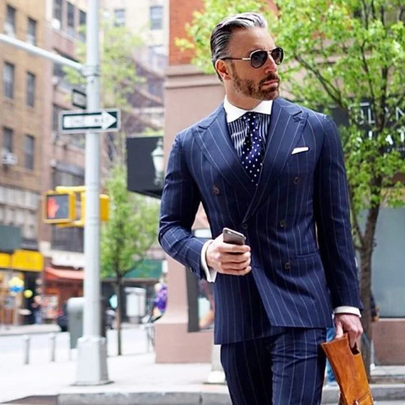 

Navy Blue Striped Suit for Men Business 2023 Slim Fit 2 Pieces Groom Men Suits Blazer Pants Sets Male Tuxedos Plus Size