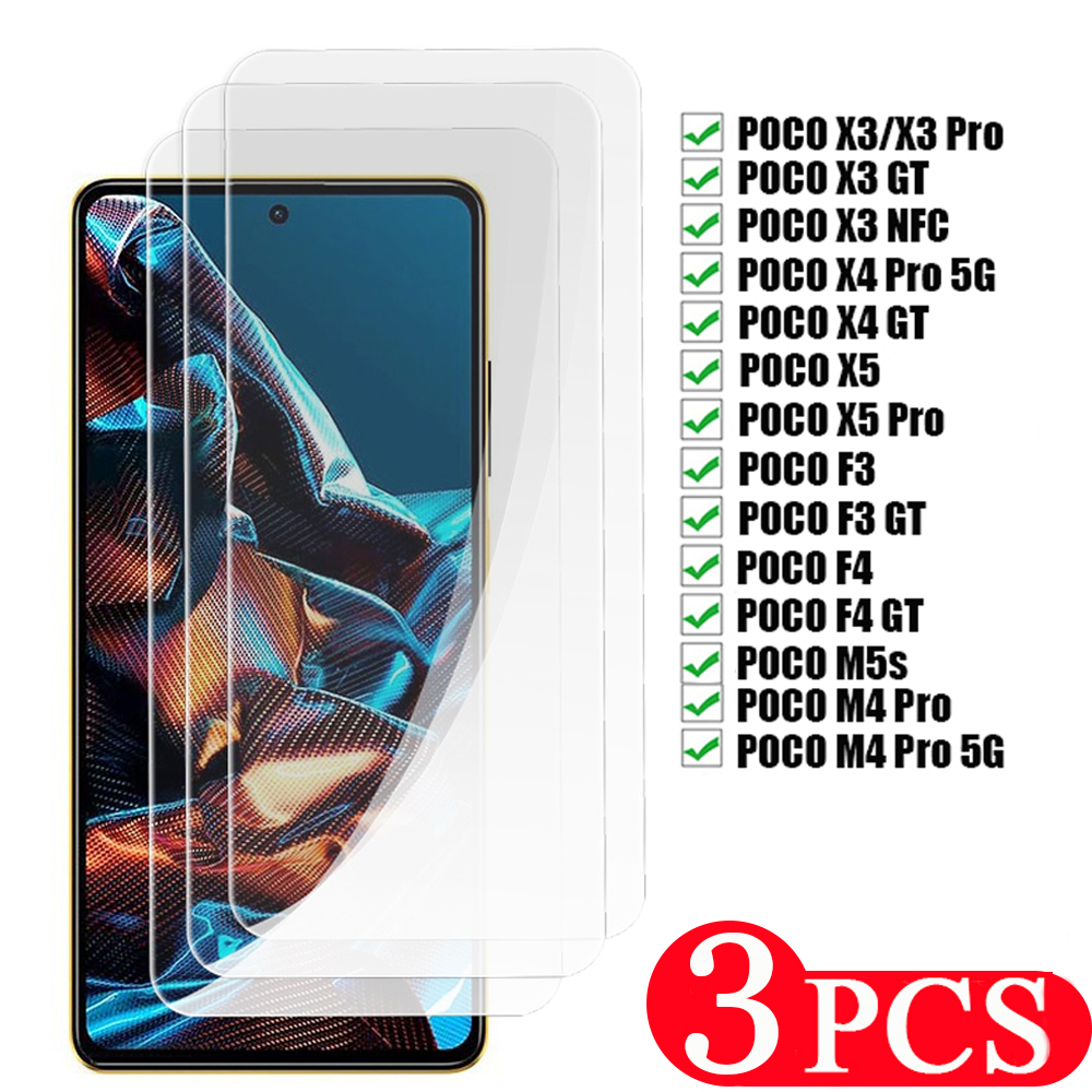 3Pcs 9H phone screen protector For xiaomi Poco X4 X5 M4 Pro 5G M5 M5s F4 F3 GT X3 NFC Tempered glass protective film Smartphone