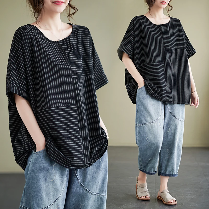 

Женская футболка с коротким рукавом, свободная повседневная футболка в полоску в стиле ретро, топы большого размера, одежда для лета 2024