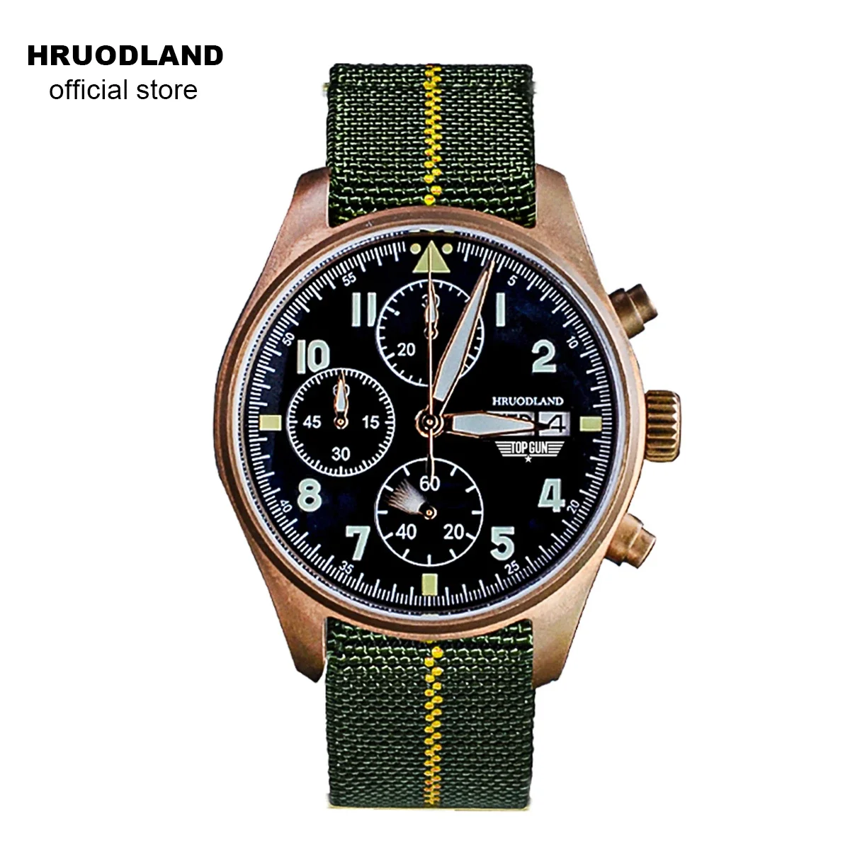 

Hruodland Watches Men's Bronze Quartz Chronograph Multifunction Pilot Wristwatch for Male Sapphire Crystal 100m Water Resistant