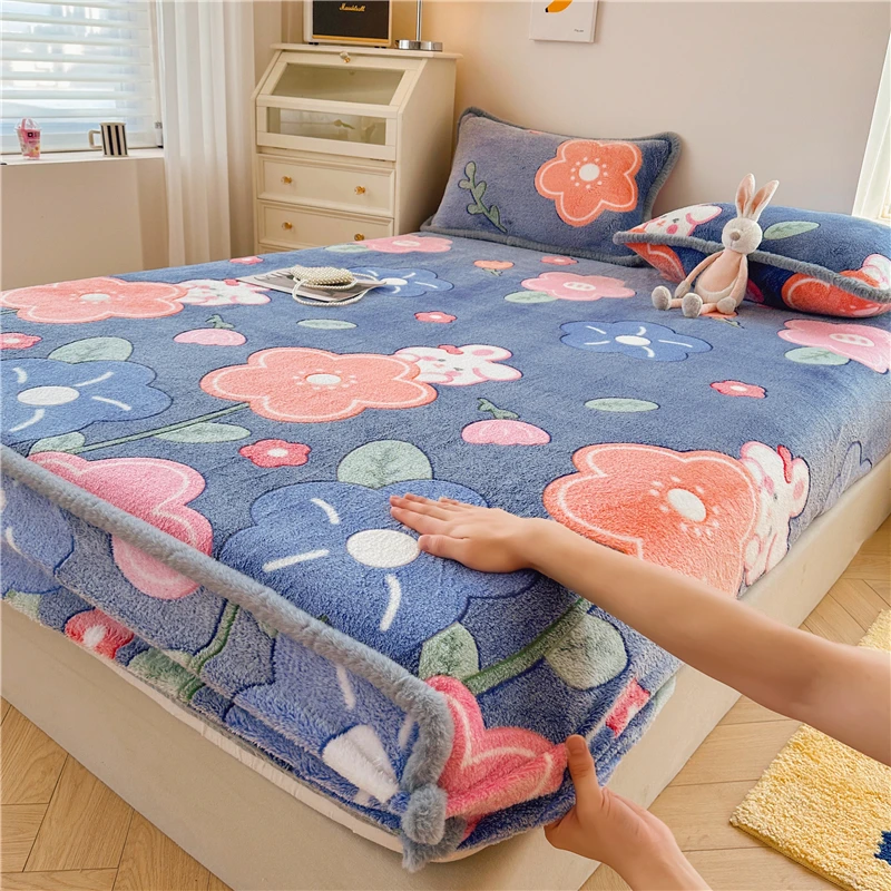 WOSTAR Winter thermal velvet fleece fitted sheet elastic mattress protector cover double bed couple fluffy flannel bed linen 150 6
