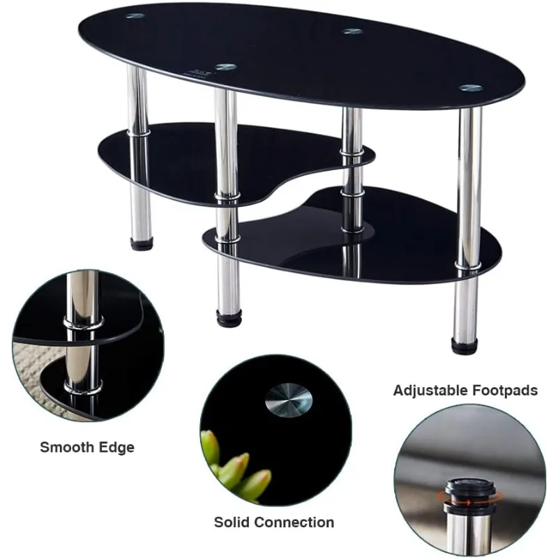 Oval-Shaped Glass Tea Table for Office, 3-Tier Modern Coffee Table, End Table for Living Room (Black) 3