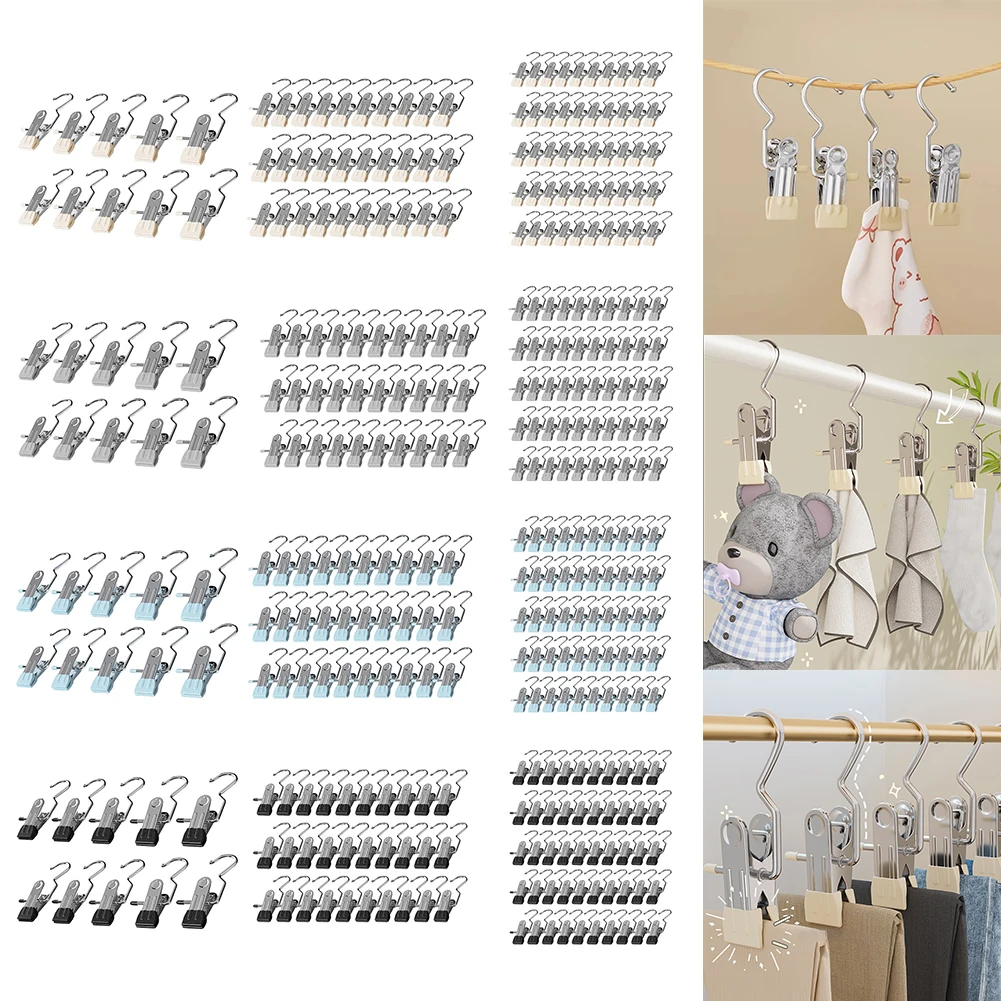 10-50pcs Stainless Steel Clothespins with Hook Space-Saving Hanger Clothespin Hat Pants Storage Travel Hook Garment Clips