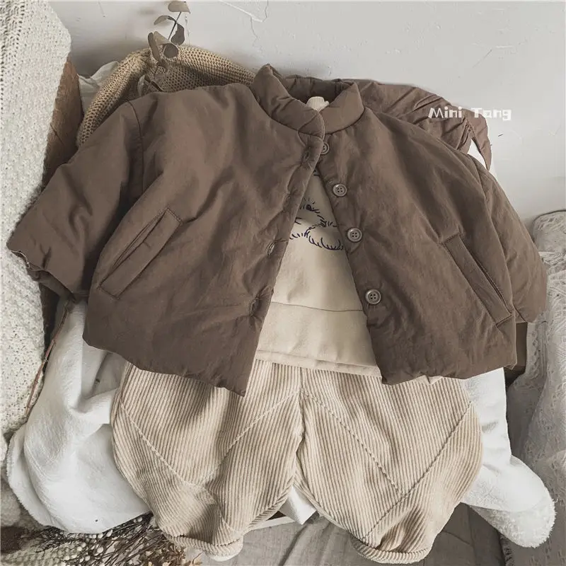 Winter Kids Jacket Thicken Cotton Warm Boys Girls Winter Coat Solid Color Children Retro Style Outwear Windproof Warm Coat