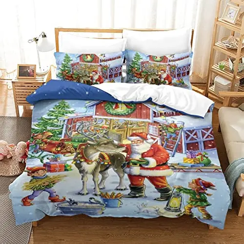 

Children's Bedding Set Christmas Village Winter Snowman Christmas Tree Quilt Cover Room Decoration Suitable for Women Gift