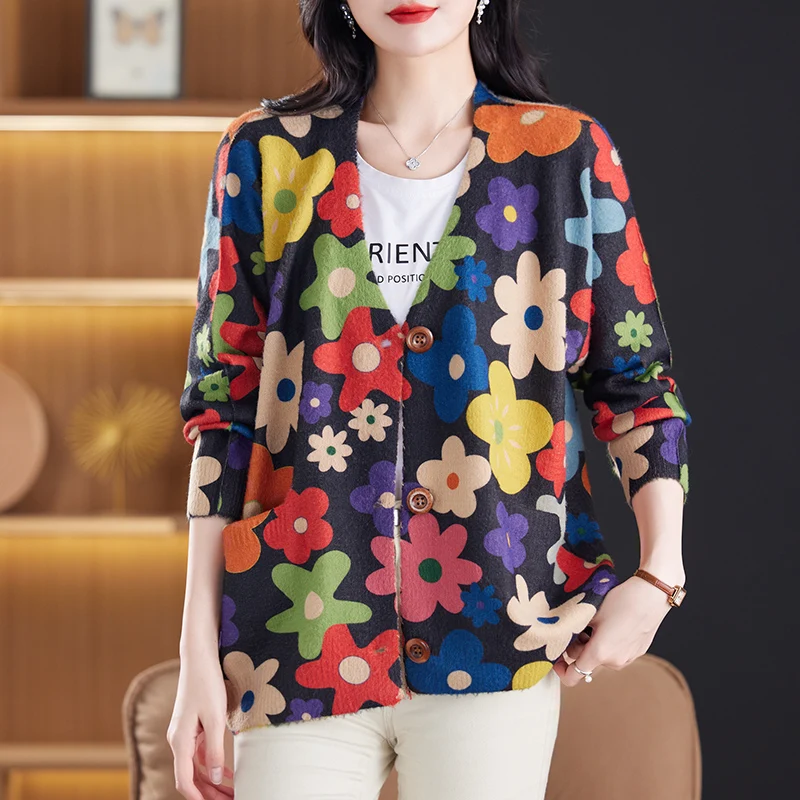 

Floral Print Female Cardigan Spring Autumn 2024 New Clothes Women Casual Ladies Loose Tops Single-breasted Cardigan Sweaters