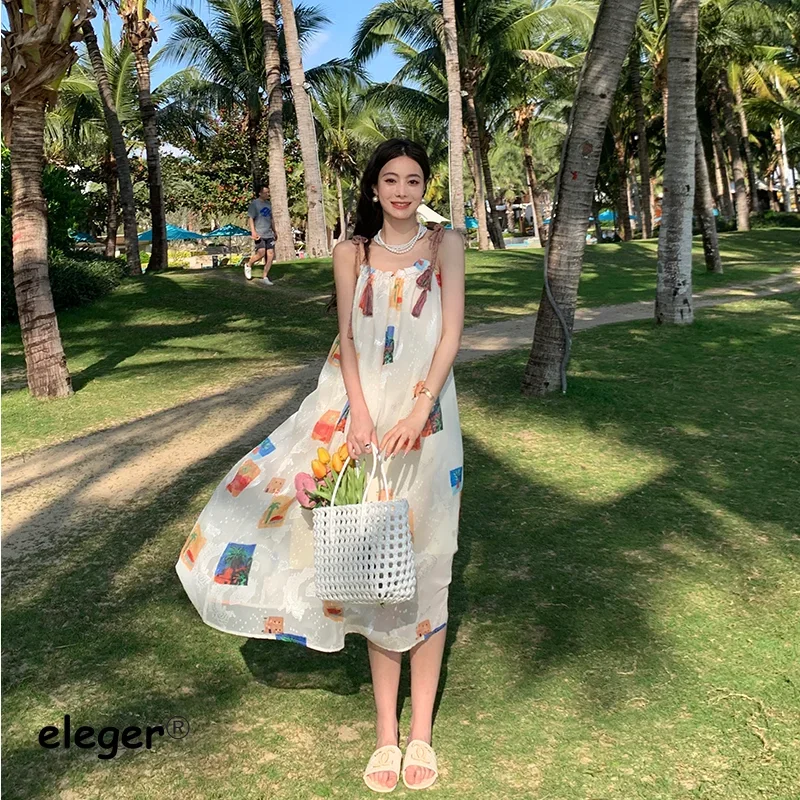 Summer Women's Hawaiian Vacation Beach Long Dress Boho Chic Tassels Strapless Casual Style Strappy Robe Print 2024 New Dresses