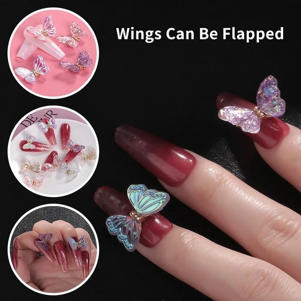 

5Pcs Aurora spring Butterfly Nail Art Charms Resin Sequins Wings Can Be Flapped Flying Butterfly Nail Jewelry 3D Manicure Decors