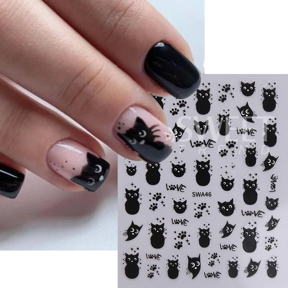 2pcs Cute Black Cat Nail Stickers Decoration Kawaii Cartoon Animal Design Y2K Stars Nail Decals Sliders Nail Art Manicure Decors