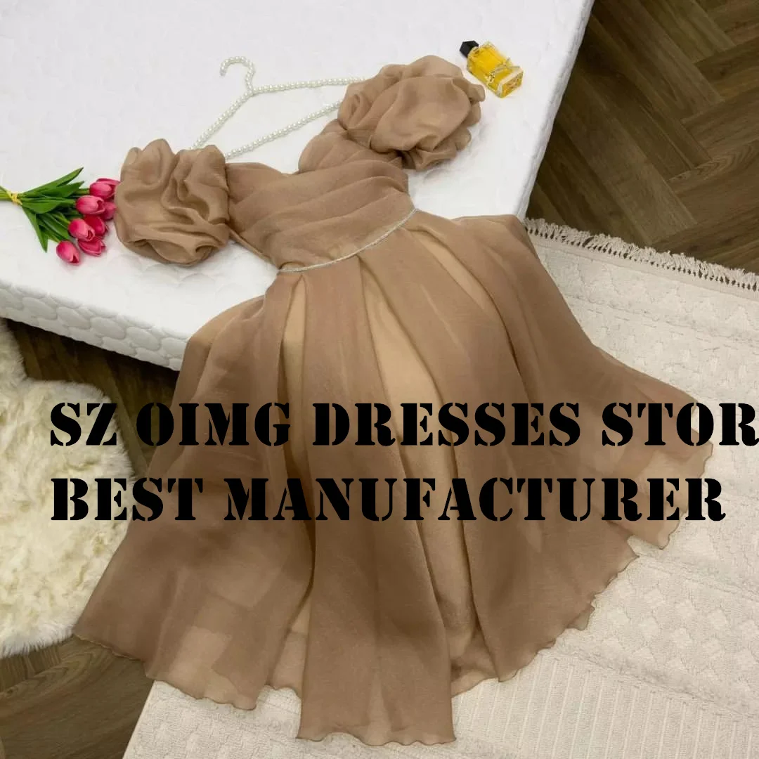 

OIMG Short Prom Dresse Arabic Puff Sleeve Tea Length Champagne Lace-Up Elegant Women Evening Gowns Formal Party Dress