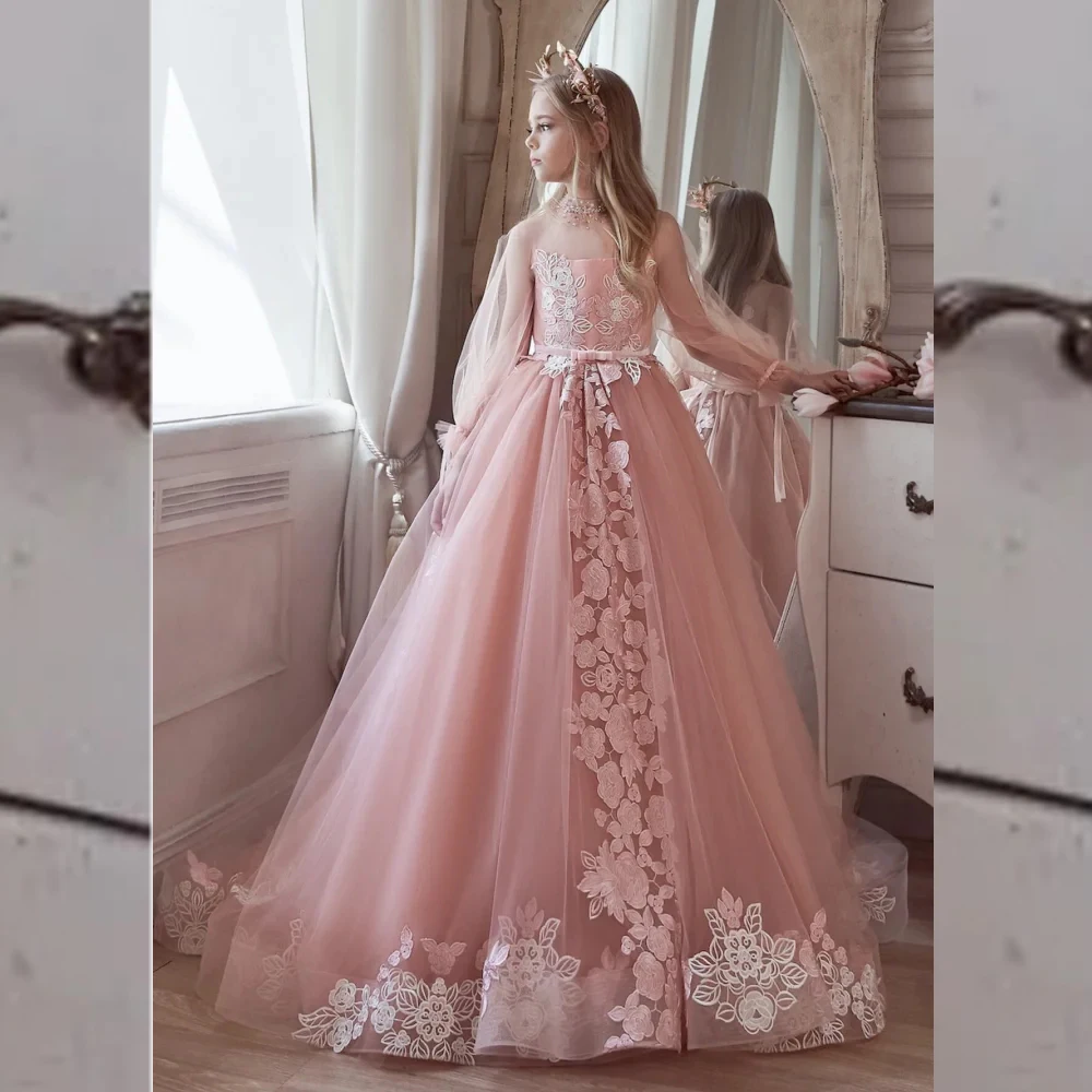 

Long Illusion Sleeve Floral Applique Flower Girl Dress for Wedding A-line Tulle First Communion Gown Puffy Birthday Party Dress