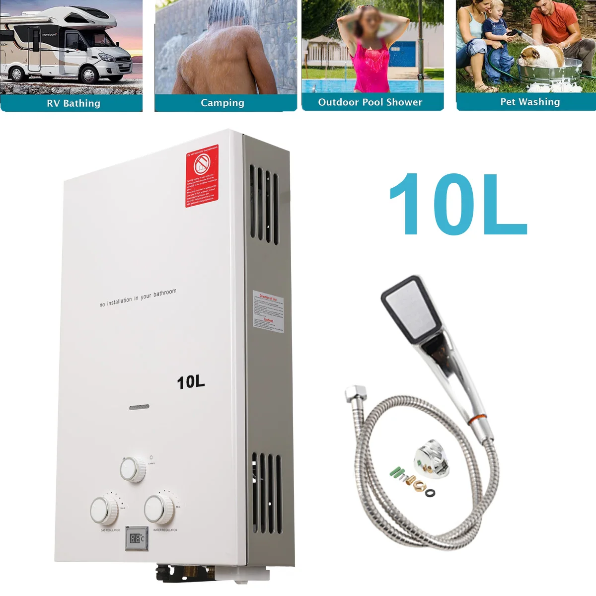 10L 20KW Tankless Propane Water Heater LPG Propane Gas Instant Hot Water Heater Boiler For Outdoor Camping With Shower Head Kit