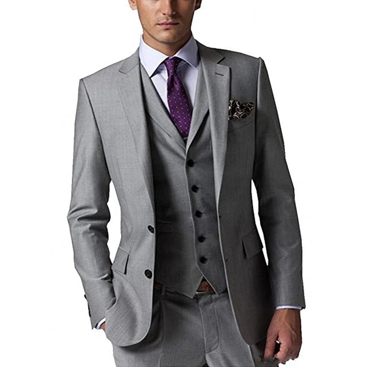 

3 Pieces Custom Made Groom Tuxedos Light Grey Groomsmen Side Vent Best Man Suit Wedding Men Suits (Jacket+Pants+Tie Vest）